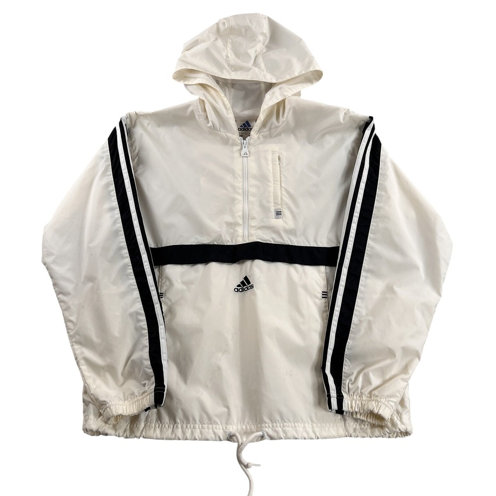 Vintage Adidas Anorak Windbreaker Jacket M Cream Men Half Zip Hooded 2001 Y2K